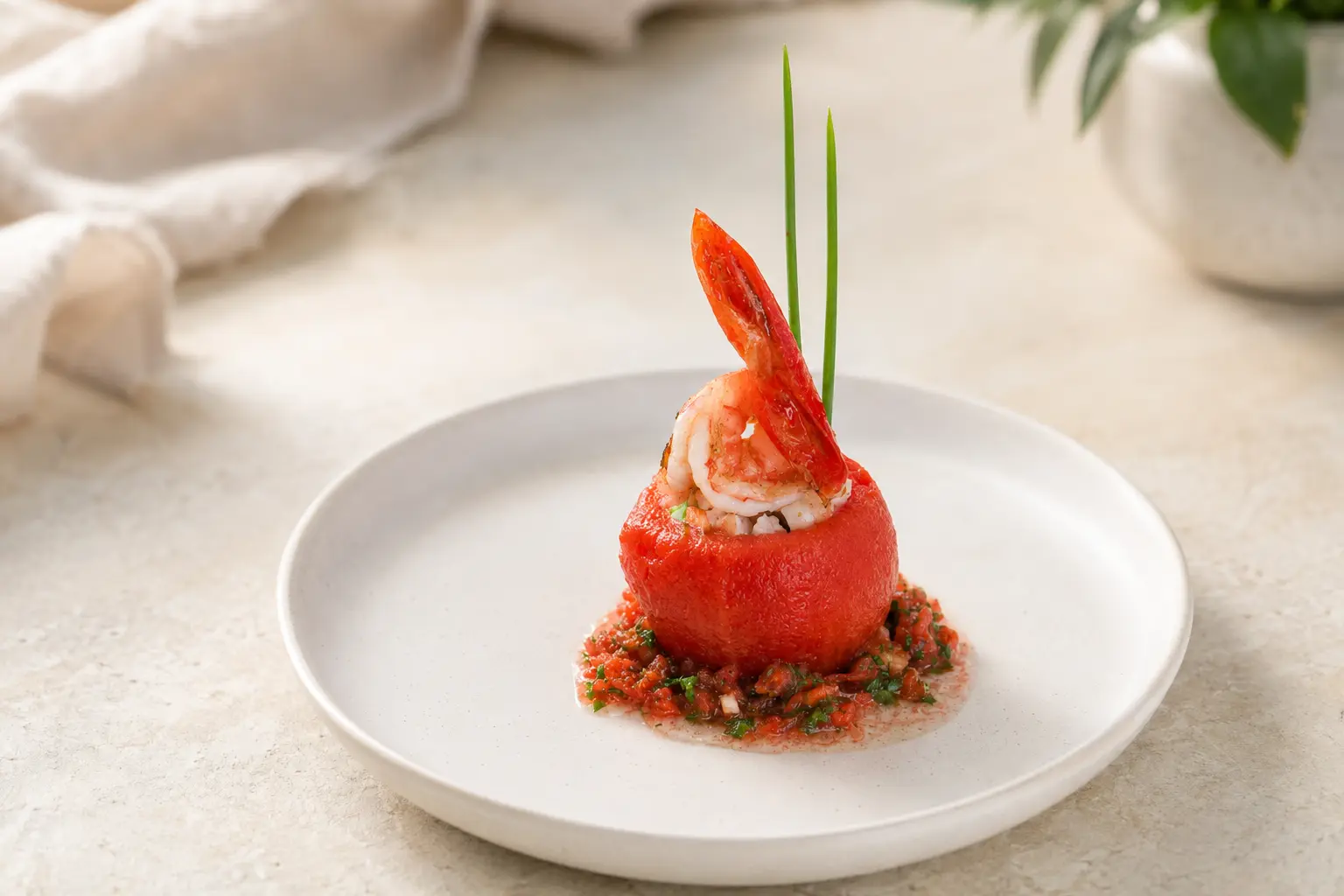 Mit Garnelen gefüllte Tomate
